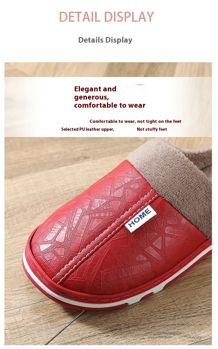 Men's Thick Bottom Fleece-Lined PU Cotton for Slippers Non-Slip Indoor Outdoor Home Shoes with Closed Toe Fluffy Style