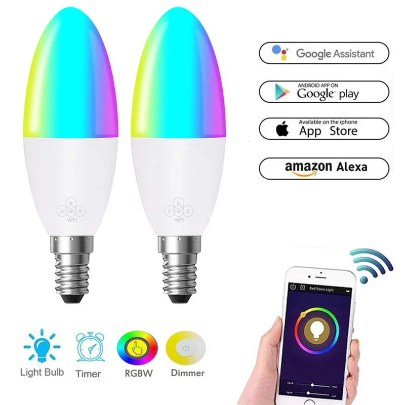 WiFi Smart Lamp Candle Bulb E27 -E14 RGB WhiteBulb AC85-265V Dimmable Support Alexa / Google Home Control