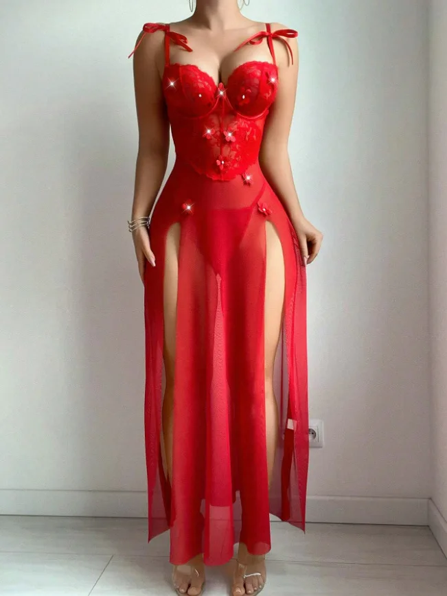 European American Sexy Red Floral Strap Mesh Long Dress Gown See-Through Lingerie Polyester Dobby