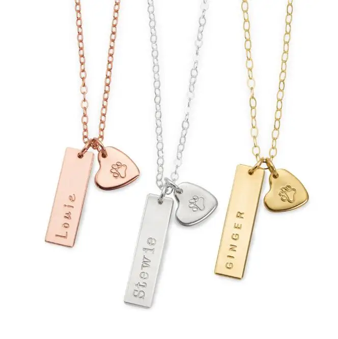 Pet Remembrance Necklace Jewelry Personalized Engraveable Blank Vertical Bar Heart Pendant Cat Dog Paw Print necklace