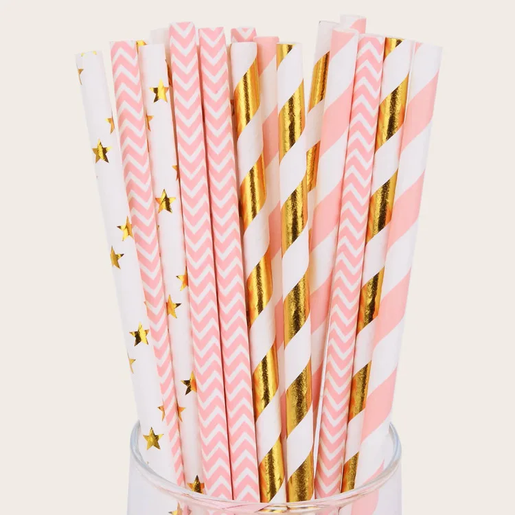 Shunli Pink Gold Disposable Biodegradable Straws Birthday Party