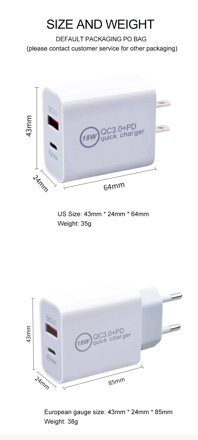 18W USB C PD Fast charger Quick Charge 3.0 PD+QC Wall Charger 18W PD fast charge