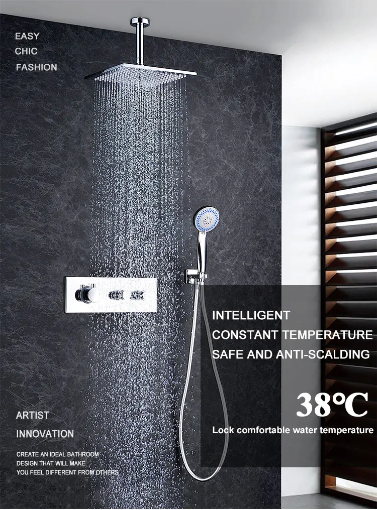 Overhead Celing Raindrop Built In Thermostatic Rainfall Mixer System Faucet Set Rain Mounted Ceiling Shower