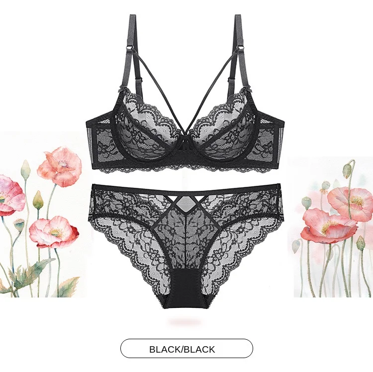 Women's Sexy Lace Ultra-Thin No Sponge Bra Set Transparent Adjusted-Straps Low-Rise Bikini Panties Logo Waist for Large Chest