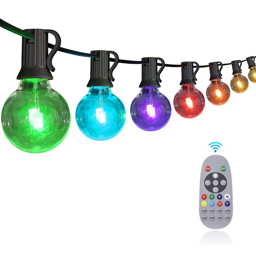 Color Changing Outdoor String Lights RGB LED String Lights G40 Globe Bulbs Dimmable Waterproof String Lights Remote Control