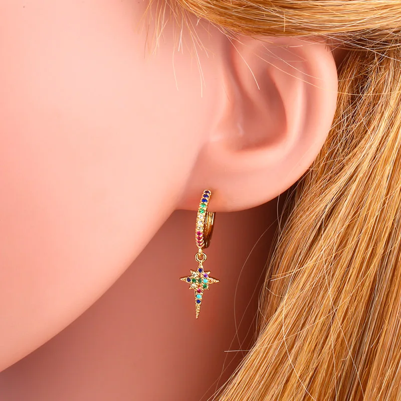 Barlaycs Fashion Statement Hypoallergenic Vintage Copper Colorful CZ Stone Zircon Crystal Star Huggie Earrings for Women