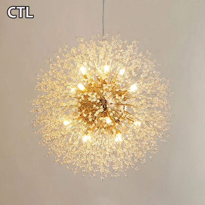 New stainless steel decorative pendant light led hanging lamp gold restaurant hotel modern creative dandelion crystal chandelier
