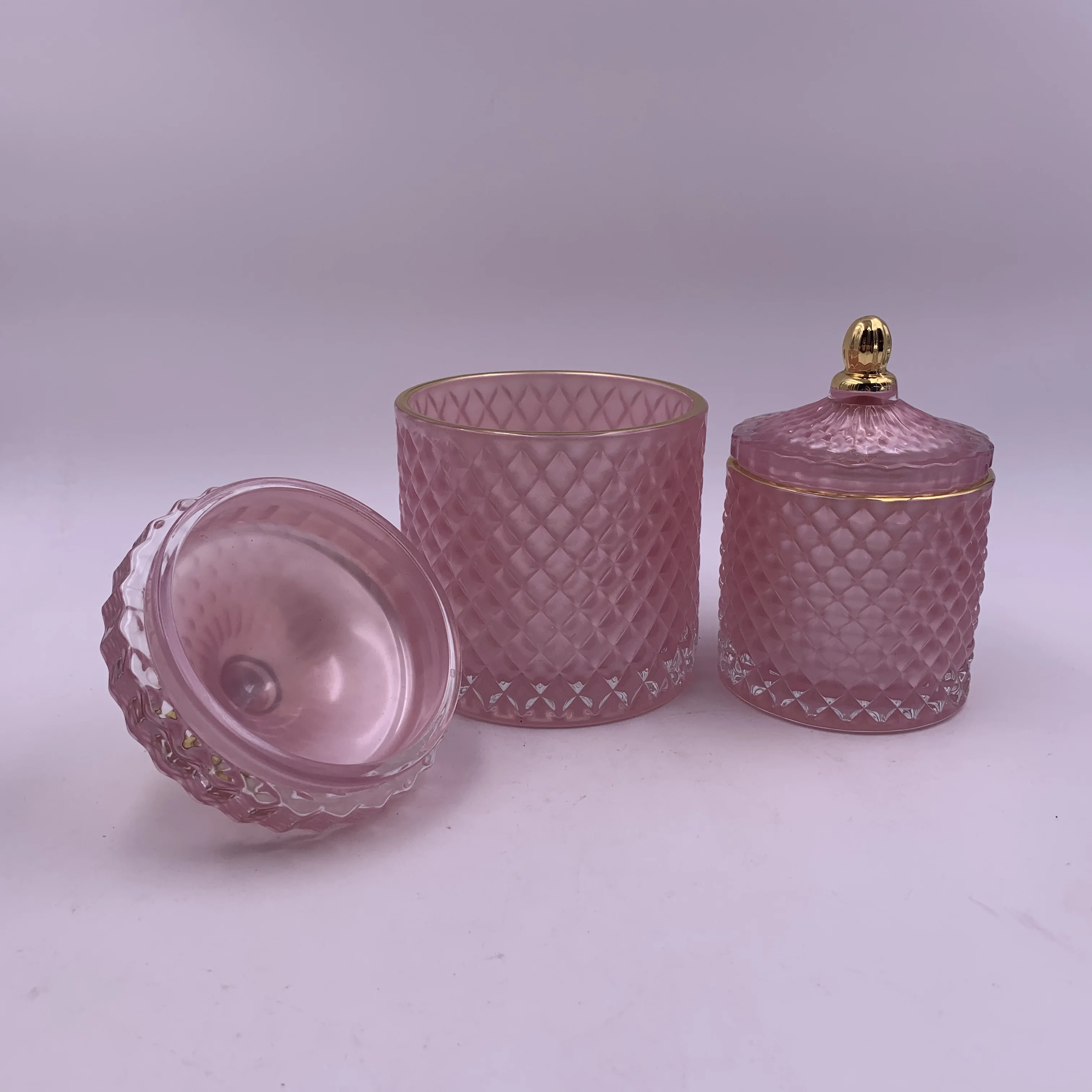 Glass Diamond Geo Cut Light Pink Jar For Candle Making With Glass Lid