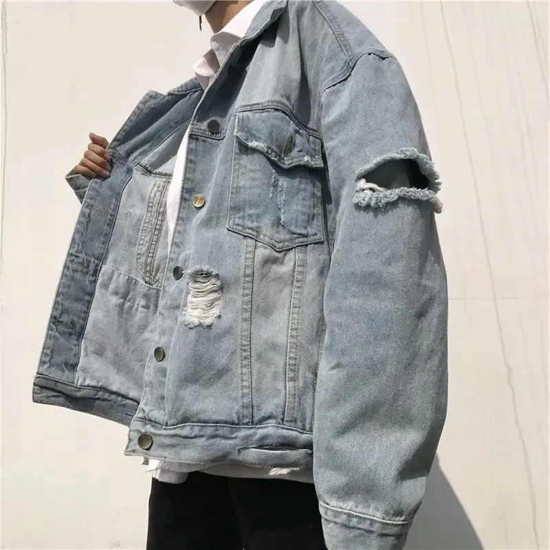 Street Men's Ripped Coats Oversized Hip Hop Printing Distressed Denim ...