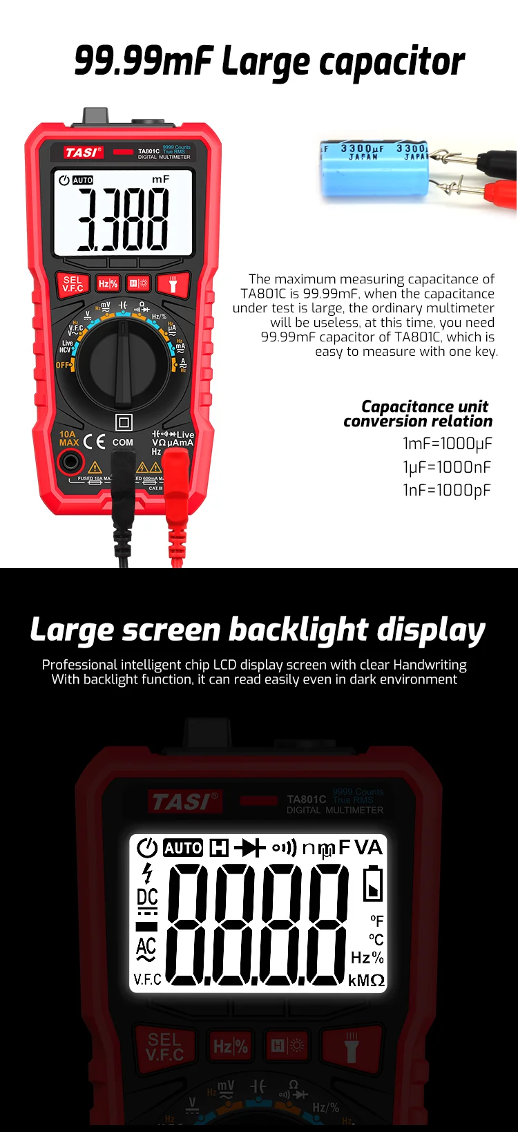 TASI Digital Multimeter Voltage Current Resistance Tester With Factory Price TA801B
