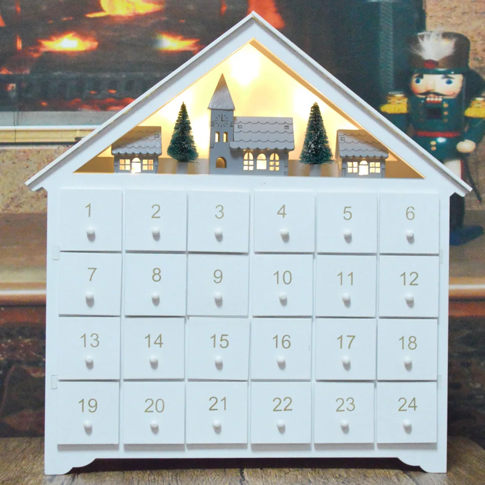 Wooden Christmas White House Advent Calendar Centerpieces Table