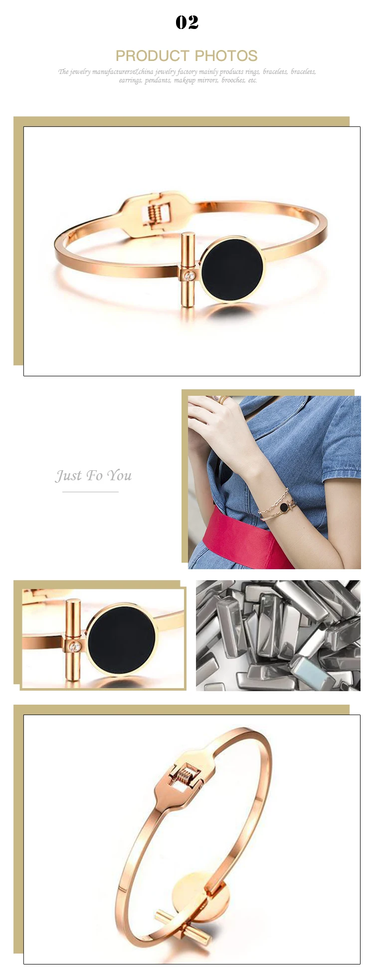 Wholesale Rose Gold Titanium Steel Black Round Element Gold Ladies Open Bracelet B-202R