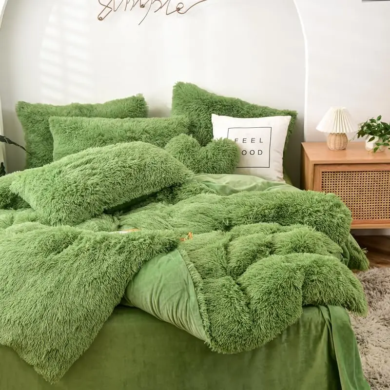 3pcs Ultra-Soft Fluffy Luxury Green Duvet Cover Set Shaggy Ultra-Soft Cozy Bedding with Long Faux Fur Cozy Green details