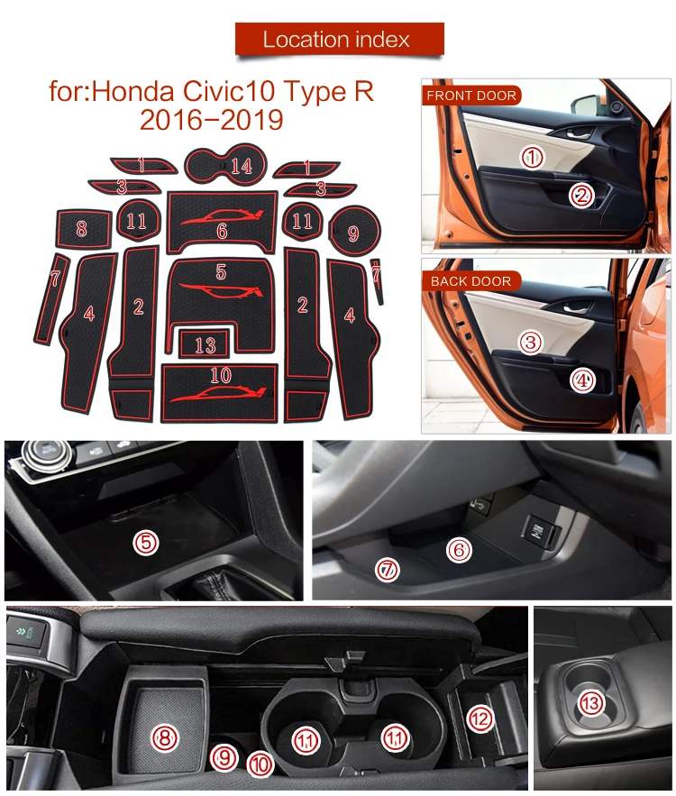 17X Car Interior Non-slip Door Slot Mat Pad Cup Holder For Honda Civic 2016-2018
