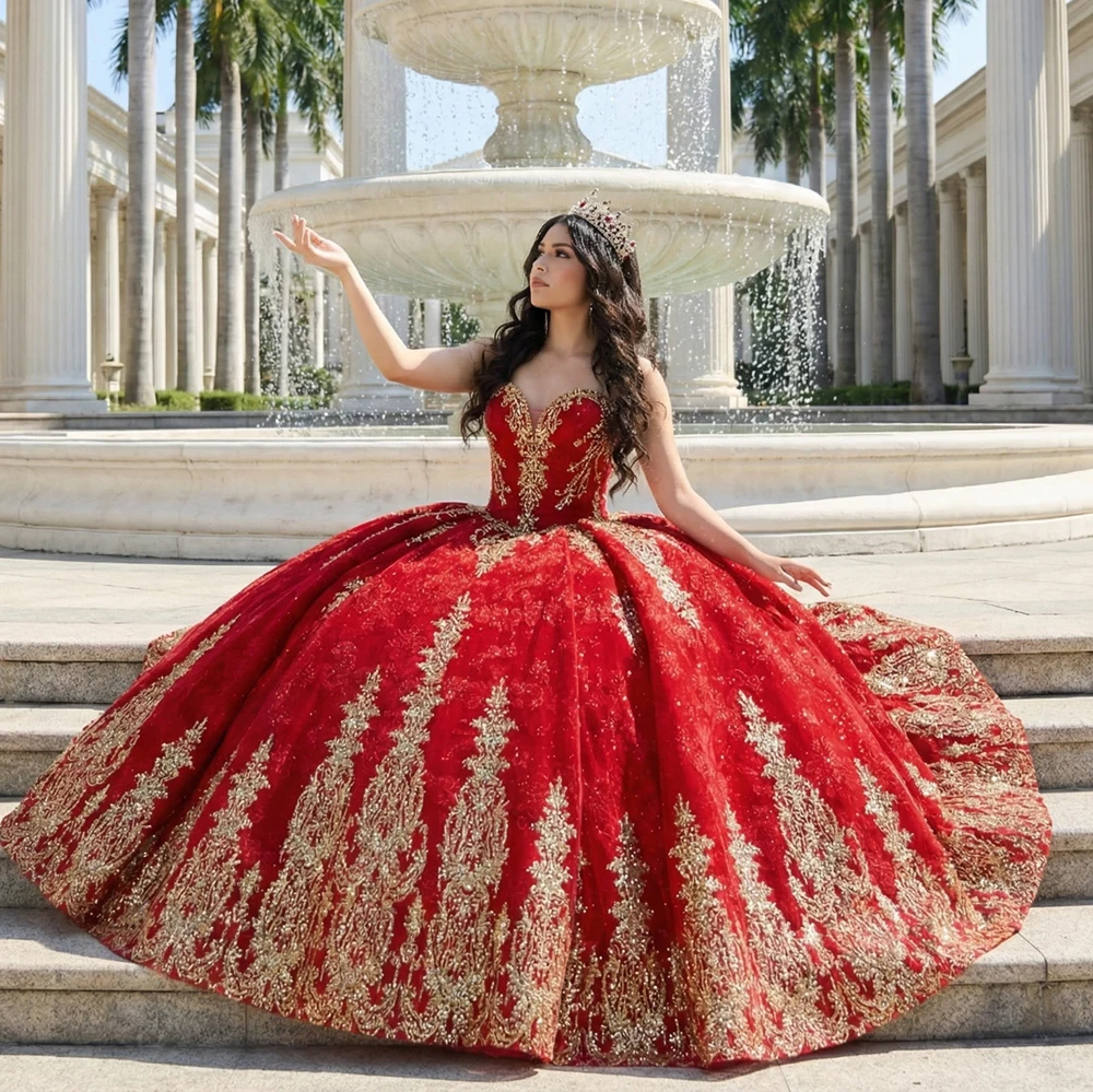 red gold quinceanera dresses Jancember 6969 Dress Embroidery Ball Gown Scarlet Bridal Gown Sparkly Sweet 16 Birthday Party Banquet collection: Christmas
