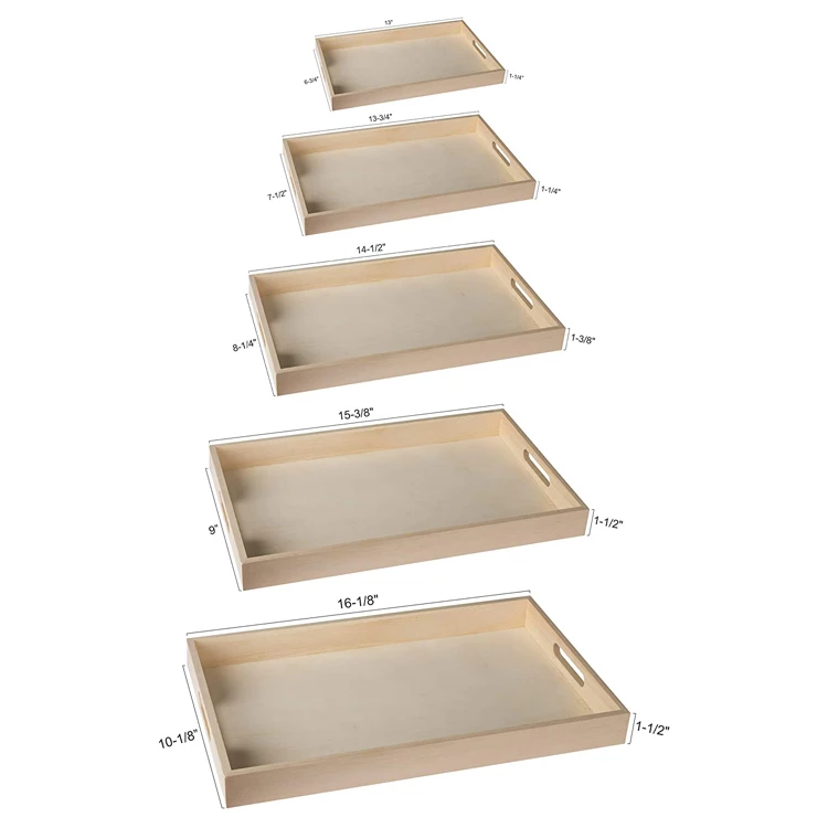 PHOTA Set of 5 Rectangular Shape Wood Trays Wooden Nested Serving Trays for Crafts with Cut Out Handles