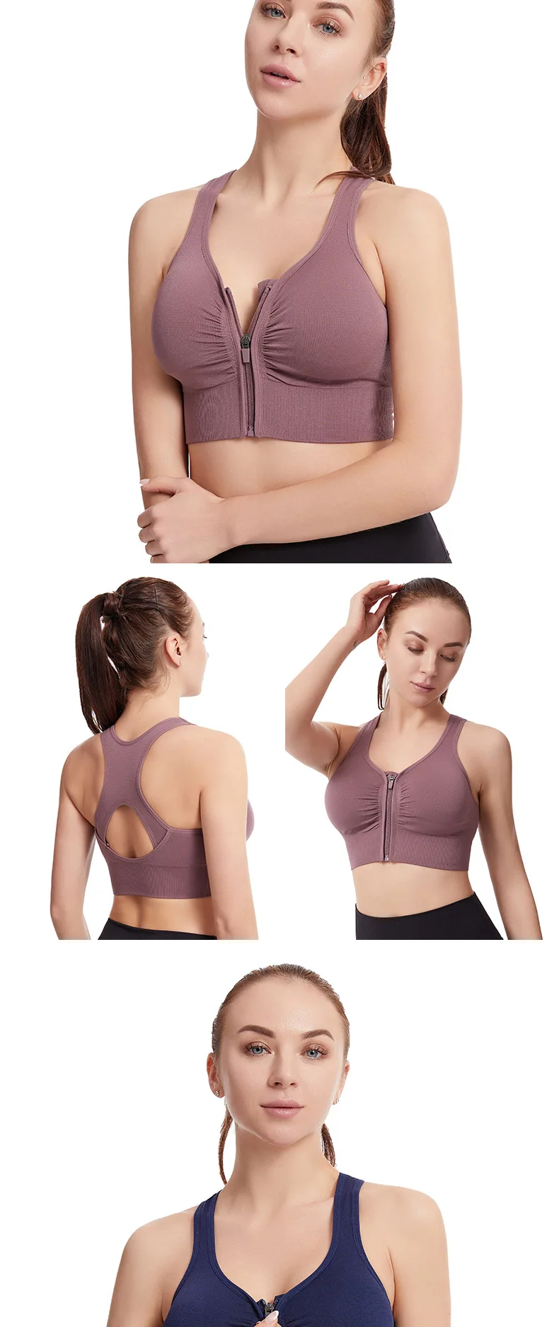 Women's Large Size Sports Bra for Running Yoga Fitness Shockproof Beautiful Hollow-out Back Front Zipper Wire-Free Solid Cup