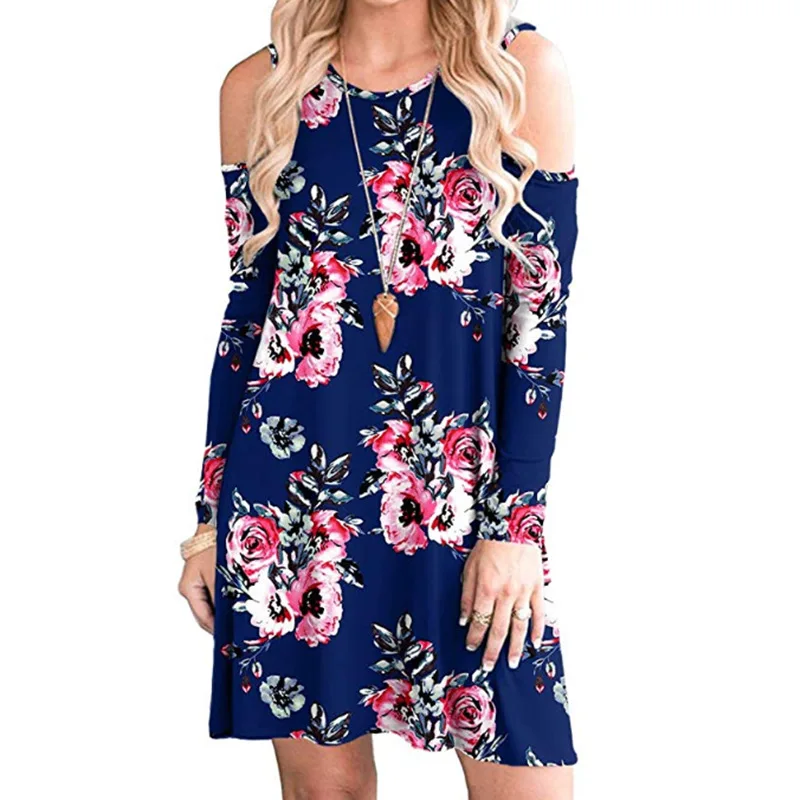 
Amazon Supplier New design style OMJ casual floral print dress custom plus size clothing women long sleeve with pocket 