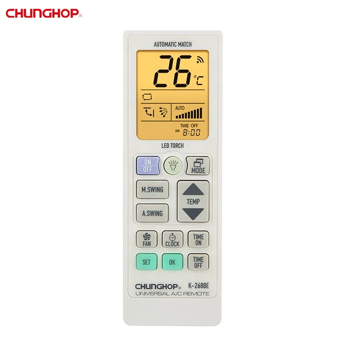 Close-up of universal remote LCD screen displaying flashing 4-digit code during programming mode