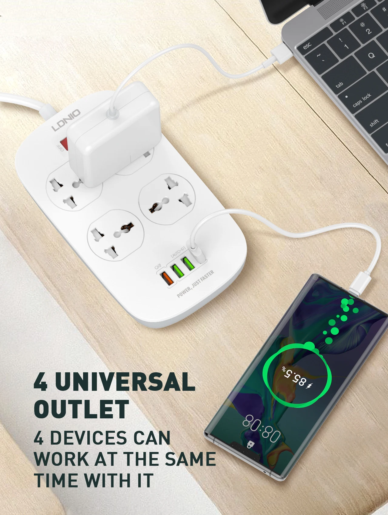 LDNIO Power Strip SC4407Q With 4 USB And 4 Universal Outlets EU/UK/US Plug