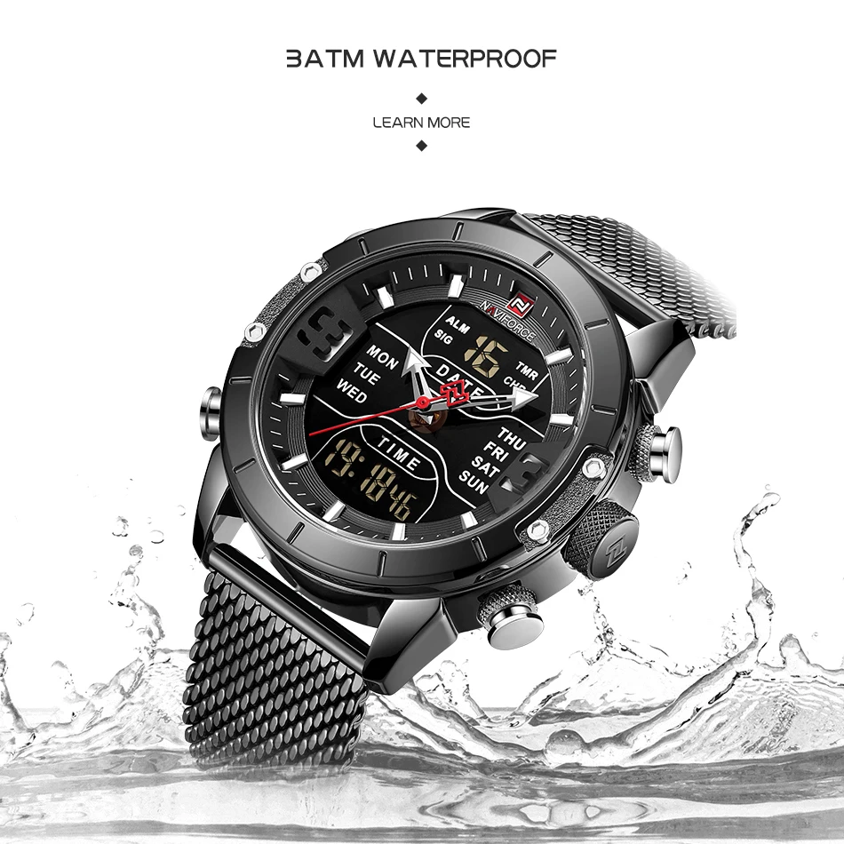 NAVIFORCE デジタル腕時計 メンズ 防水 スポーツウォッチ ステンレススチール ミリタリー クォーツ 時計 腕時計 45 mm 9153-BB  通販