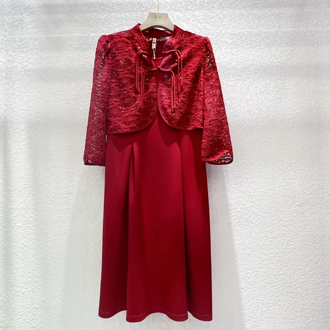 Elegant Chinese Traditional Red Maxi Dress for Women Beaded Bridesmaid  Casual Dress with Natural Waistline