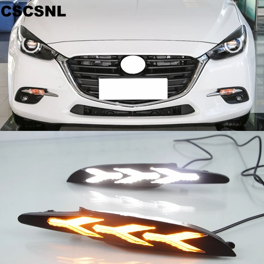 Car LED For Mazda 3 Axela 2017 2018 LED DRL Daytime Running Light Fog Lamp With Yellow Flowing Turning Signal light