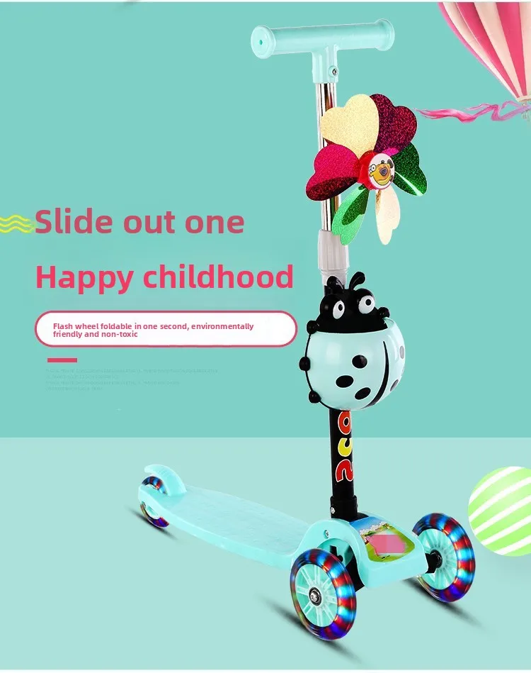 可调高度可乘坐婴儿学步车一键折叠儿童滑板车，适用于1至5岁单板，带三个轮子