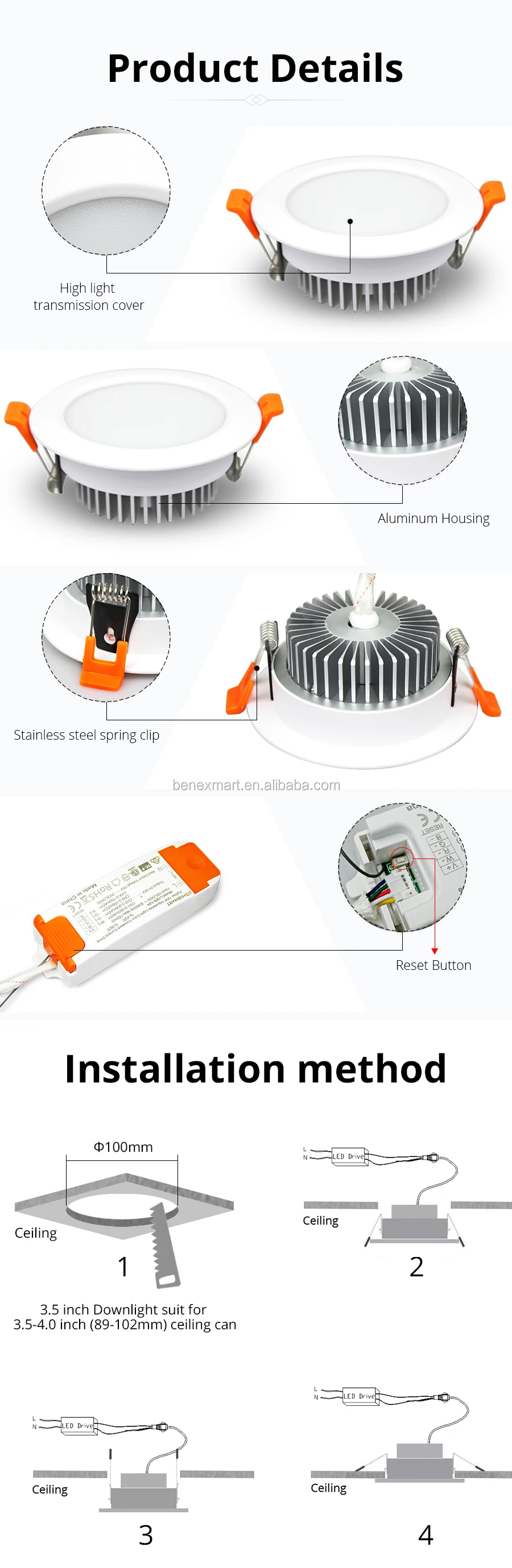 Benexmart ZigBee 3.0 Downlight Kit Smart RGBW 3.5 Inch 12W Led Recessed Ceiling Light Work with Smartthings Echo Smart Lighting - ANKUX.COM