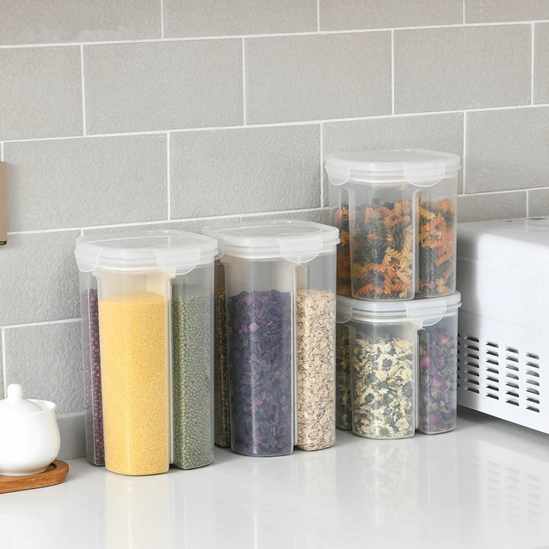 Kitchen Grain Storage Box Plastic Food Container Airtight Can with 4 Divided Compartments for Pasta Rice Dried Fruits manufacture