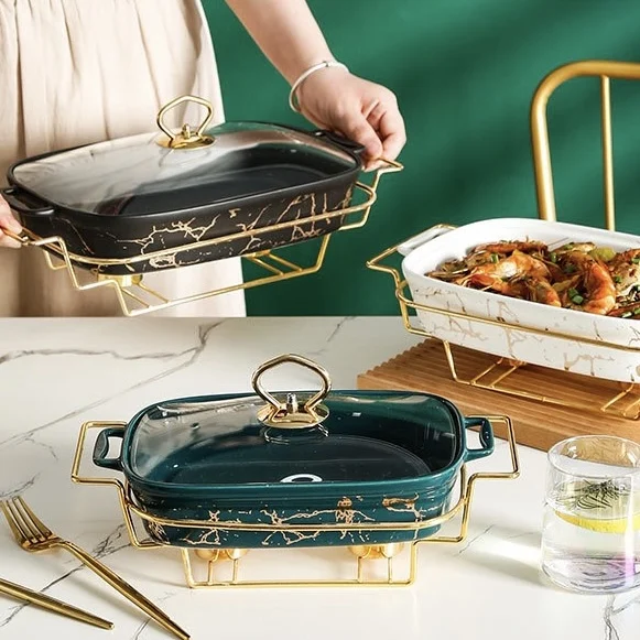 Marble Chafing Dish Buffet Set Luxury Fire Heating Ceramic Soup
