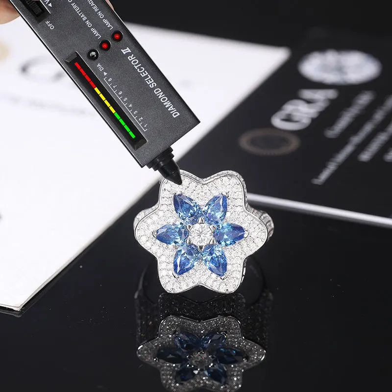 S925 Silver Moissanite Ring for Men Flower Shape with Super Flash Diamond Hip-Hop Style All-Match Natural Diamond Ring