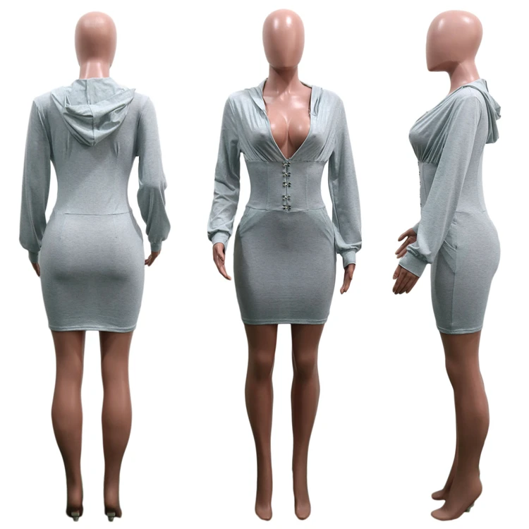 Good Quality Fall 2021 Women Clothes V-Neck Bodycon Sexy Dress Solid Hoodie Dress For Woman Girl Dresses