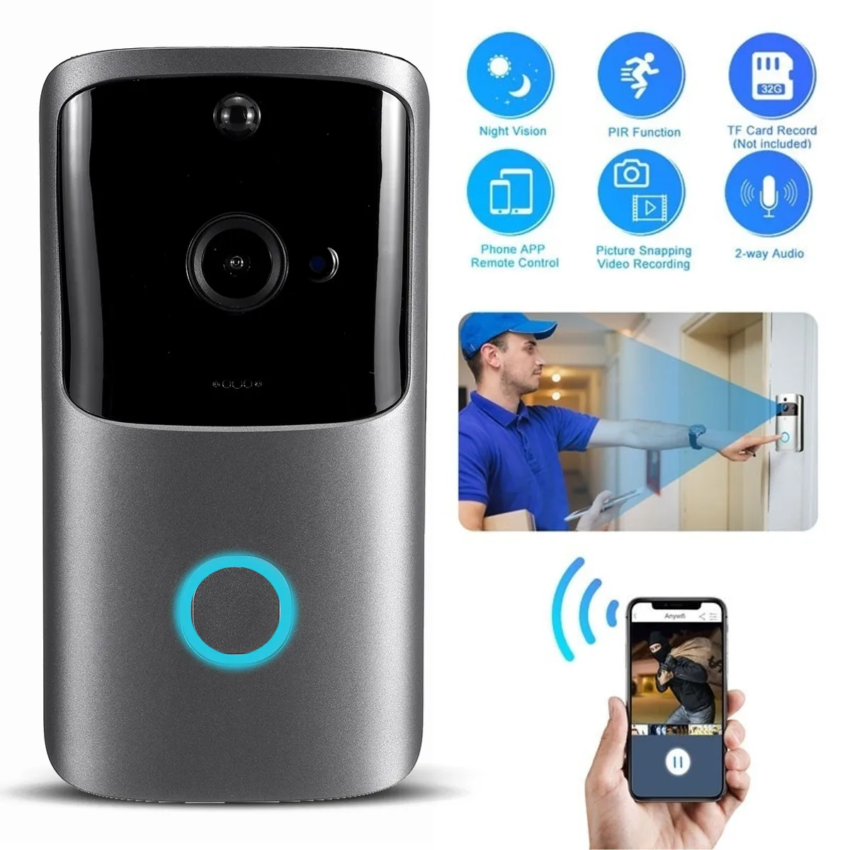 M10 Pro Wireless 1080p Wifi Smart Doorbell Video Recording Rainproof