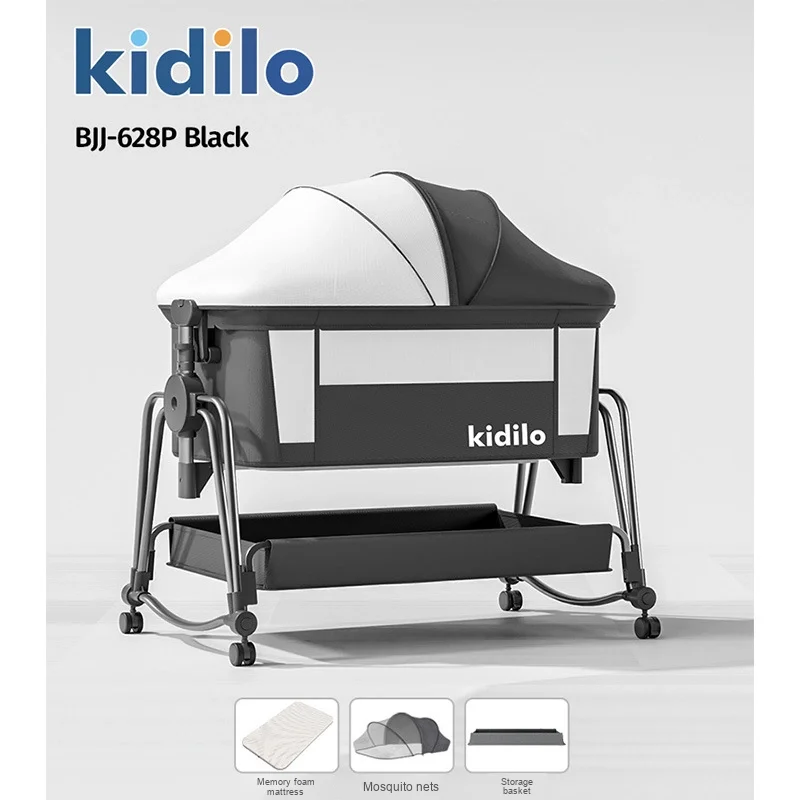 Kidilo Baby Crib Mobile Portable and Foldable Metal Cradle Bed Multifunctional BB Bed with Large Splicing Newborn Features