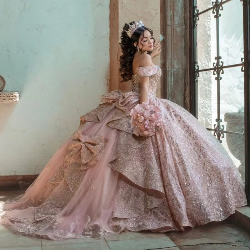 15s dresses pink Pink Off-the-Shoulder Lace-Up Back Quinceanera Dress Ball Gown, Pink / 18