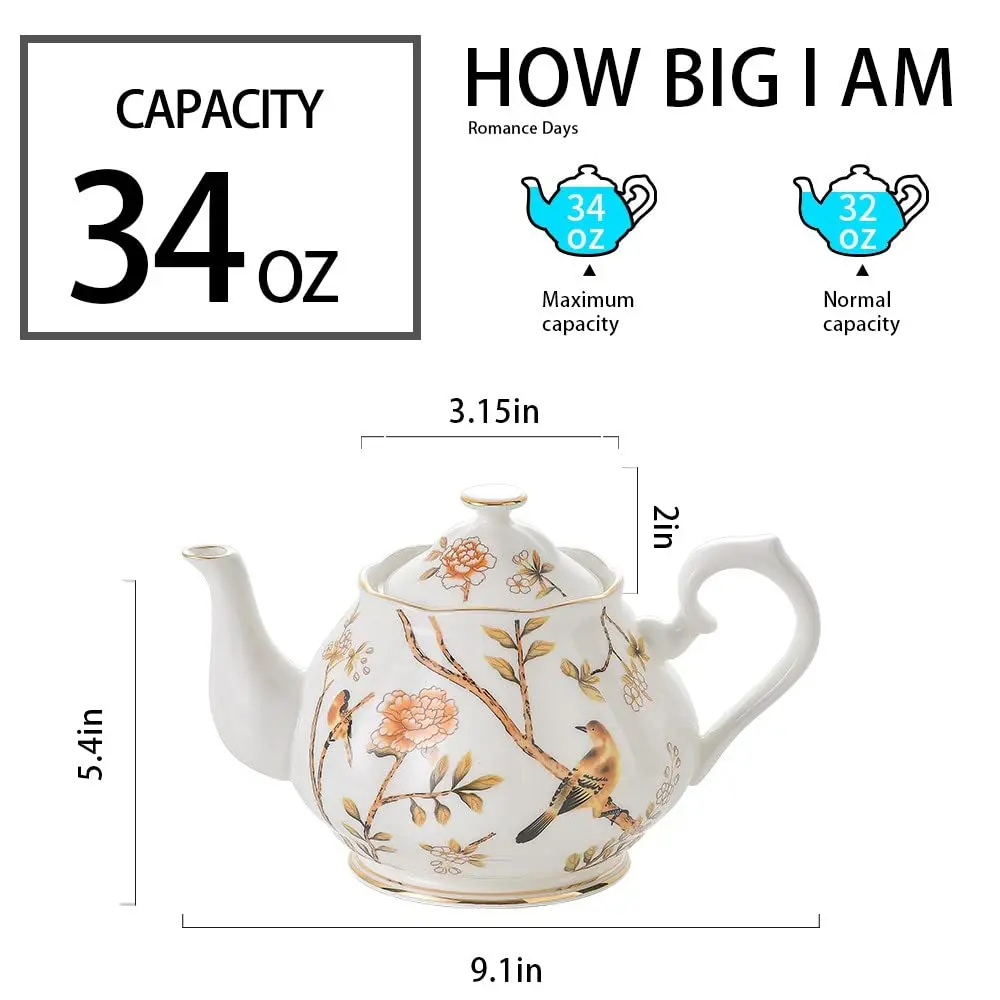 Porcelain Teapot With Lid Vintage Ceramic Tea Pot With Filter for Tea Coffee Water Teaparty Home,34oz details