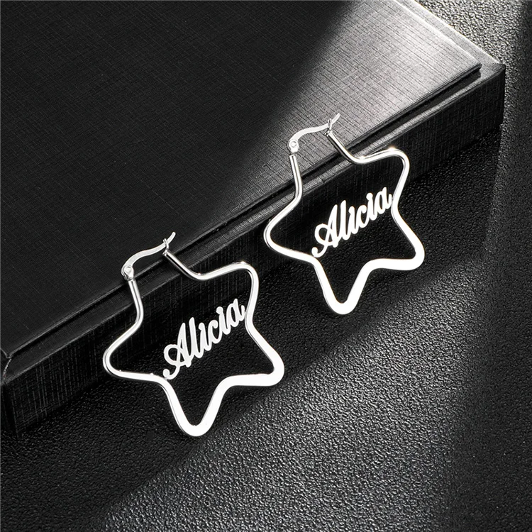 Personalized Jewelry Stainless Steel Silver Star Hoop Earrings Custom Any Name Earrings For Valentines Day Gifts