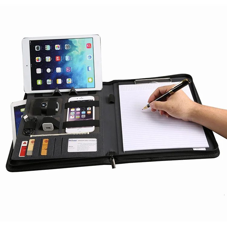 Wholesale Business Office Conference Document Organizer A4 Black Leather Portfolio File Folder with Power Bank
