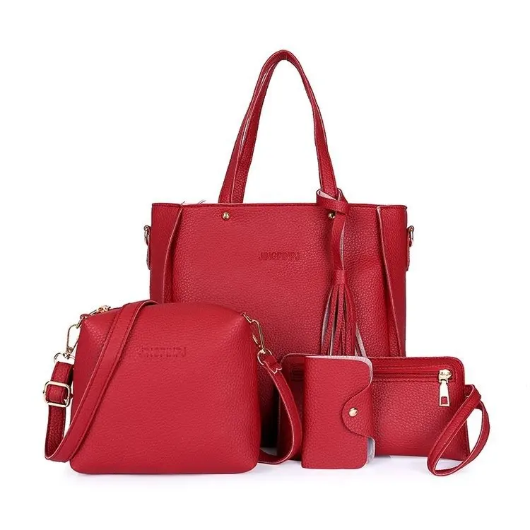 

Travel Stylish Pure Color Simple Four Pieces Set Soft PU Women Leather 4 Piece Handbag Set