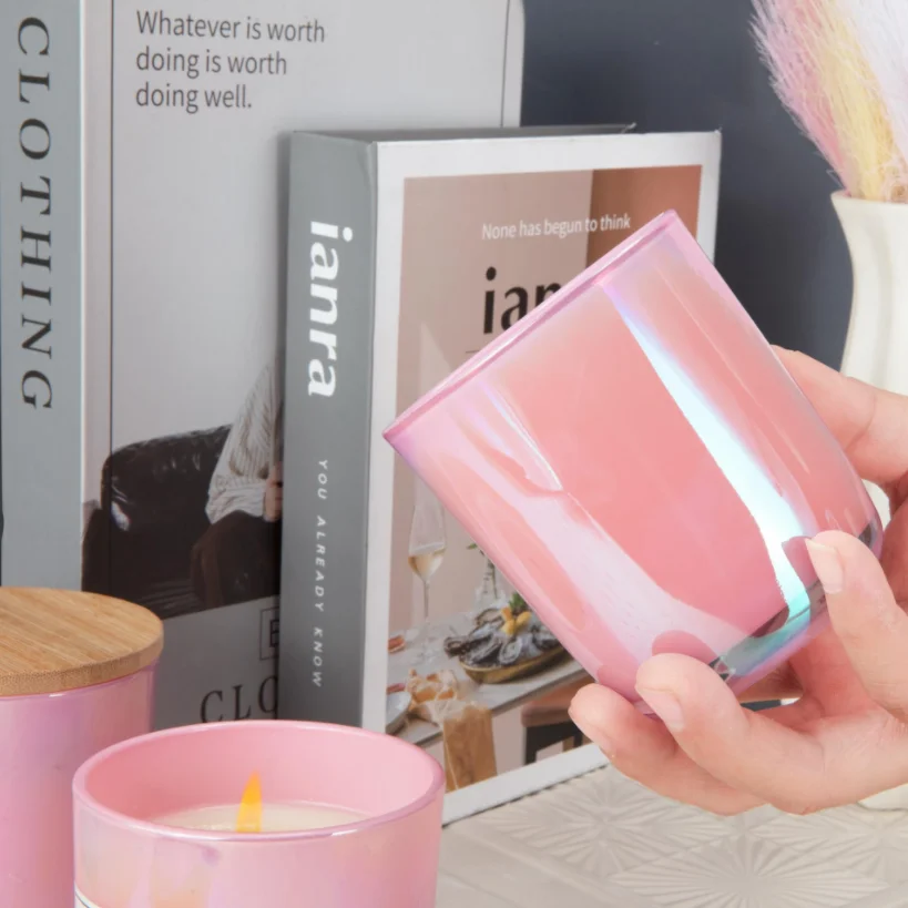 Iridescent Holographic Round Bottom Glass Candle Jar With Wood Lids