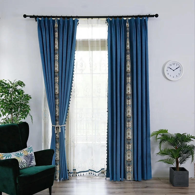 Luxury Royal Blue Beaded Curtain With White Embroidery Sheer Dubai Hotel Castle Highend