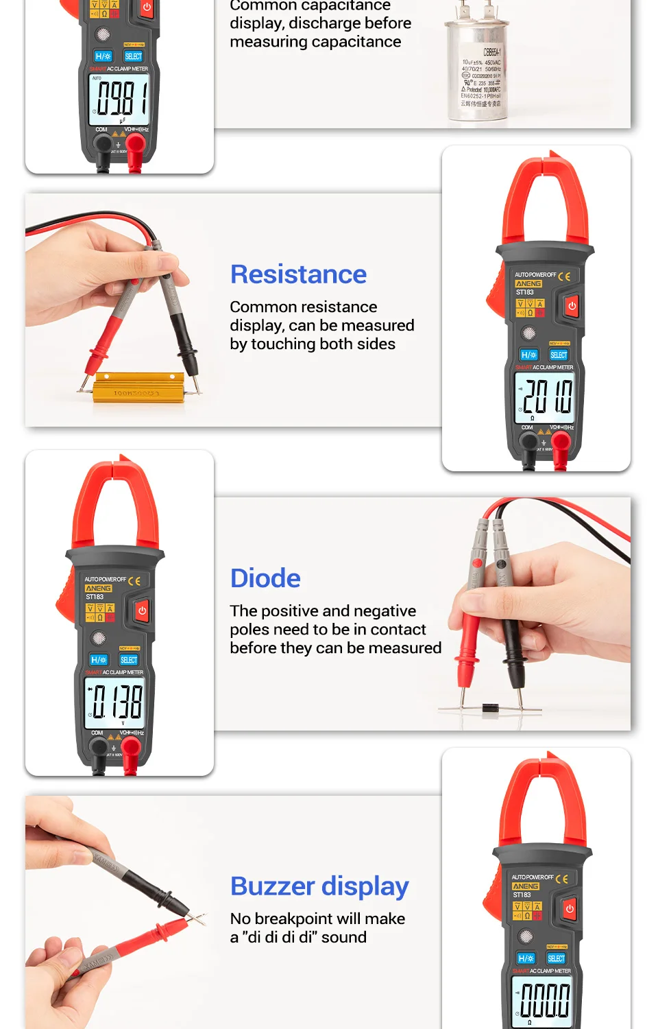 Aneng St183 Digital Clamp Meter Ac Current 6000 Counts True Rms ...