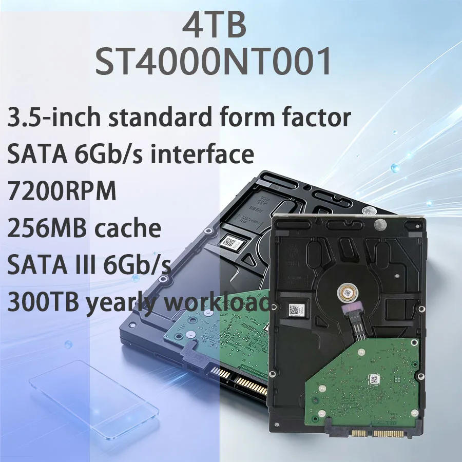 NAS device with four bays showing mixed drive sizes and labels