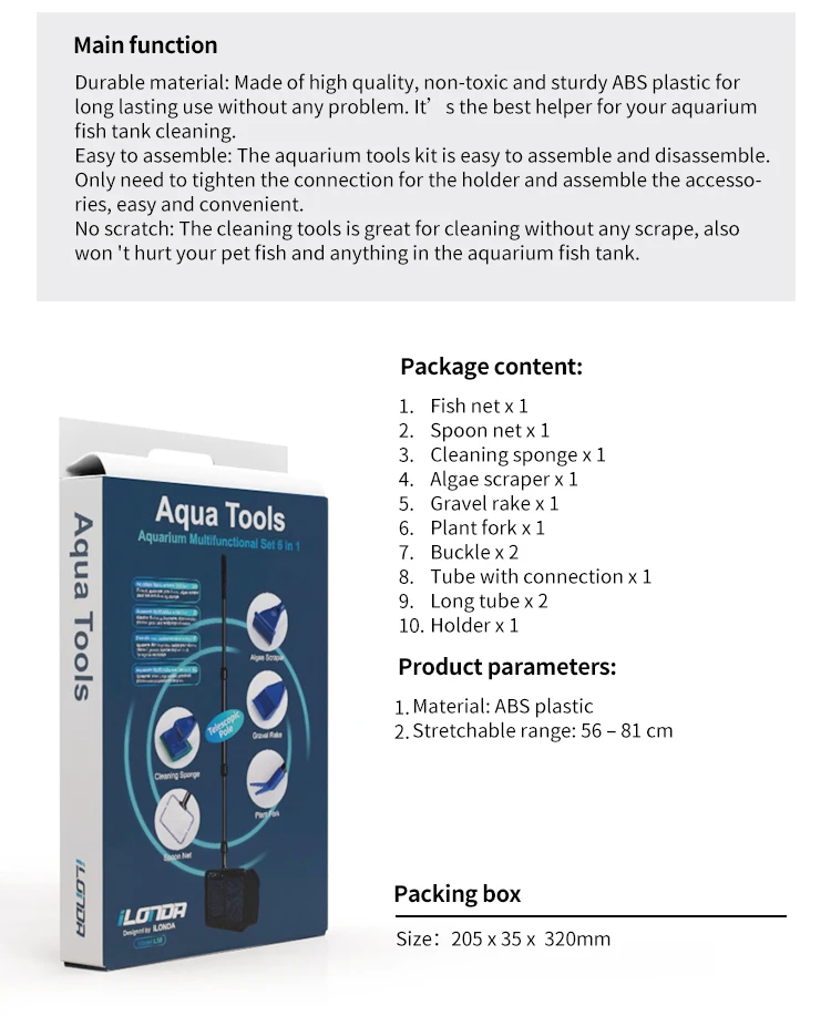 Multifunctional 6 In 1 Adjustable Fish Tank Glass Cleaner Kit Long