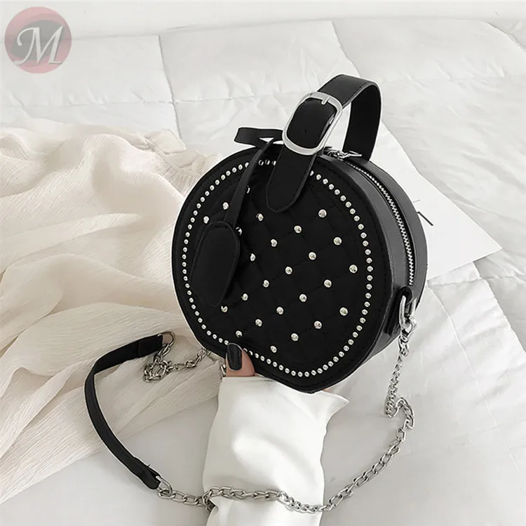 0270401 New 2020 fashion fast selling casual quality round leather Rivet shape handbag for women
