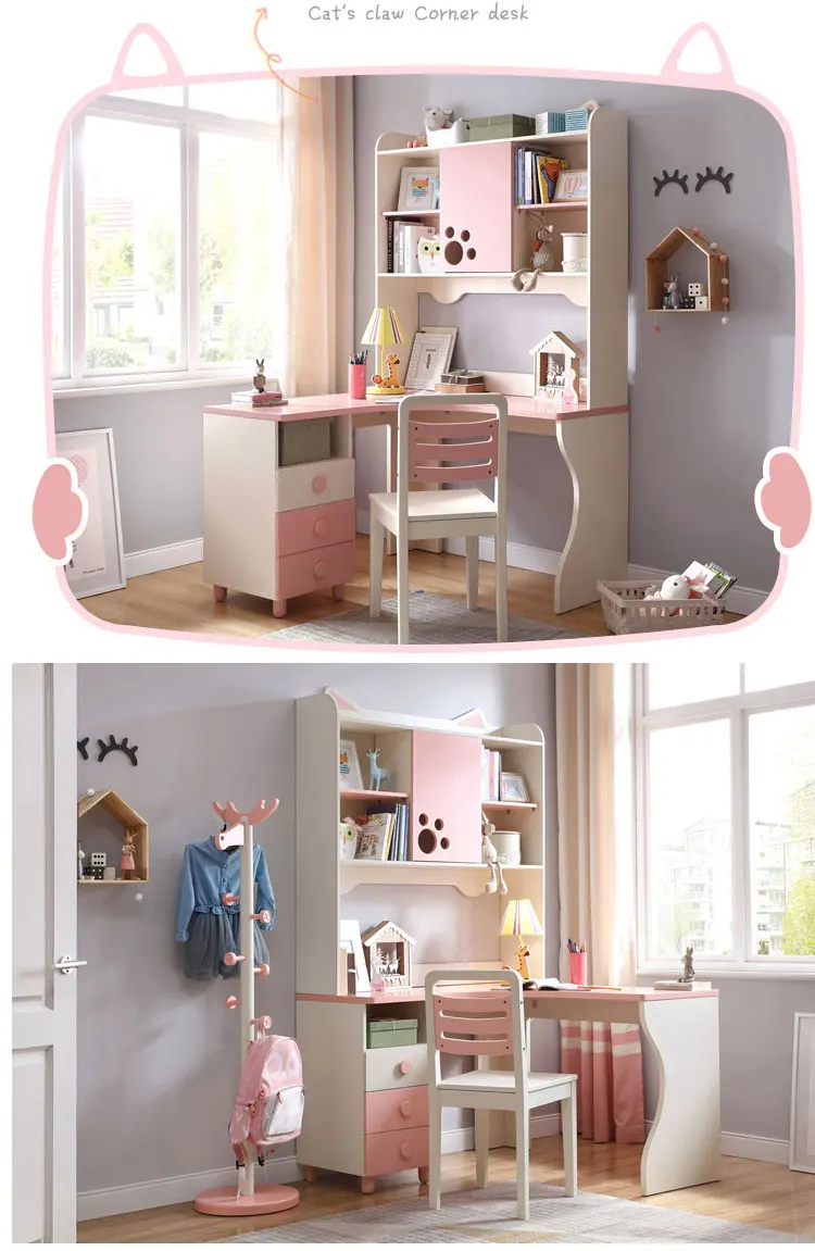 Pink Lovely Home Bedroom Corner Wood Children'S White Study Desk With Bookshelf