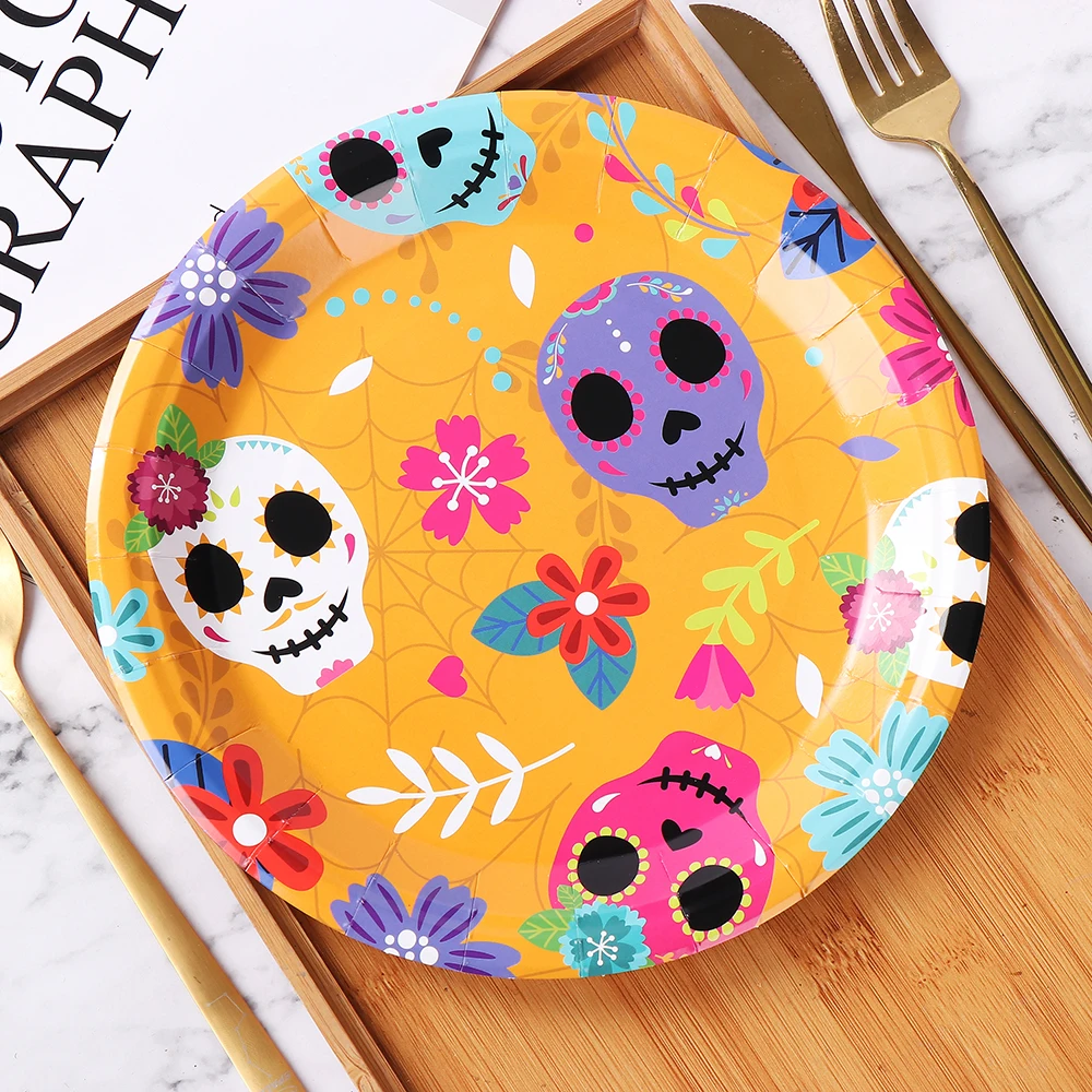 Day of the Dead Party Plates, Dia De Los Muertos Party Supplies Disposable Dinnerware for Mexican Fiesta Carnival Holiday details