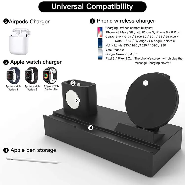 Factory Supply Desktop Wireless Charging Station for Mobile Phone Tablet Watch Earpods 