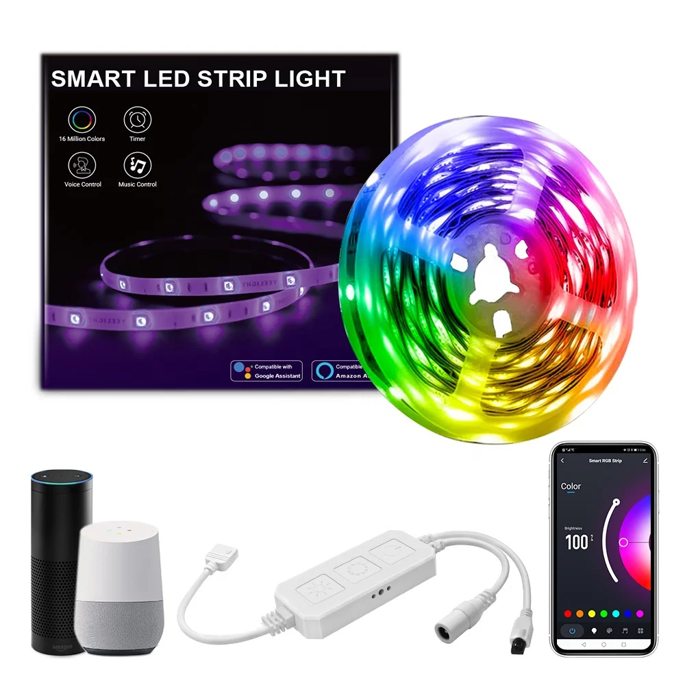 5M 300Leds App Controlled Full Kit Music Sync Voice Control Google Home Alexa  5050  Wifi Smart RGB LED Strip